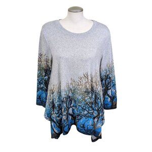 Orange Fashion Village Women L/XL Tunic Sweater Gray Blue Shadow Trees Hanky Hem